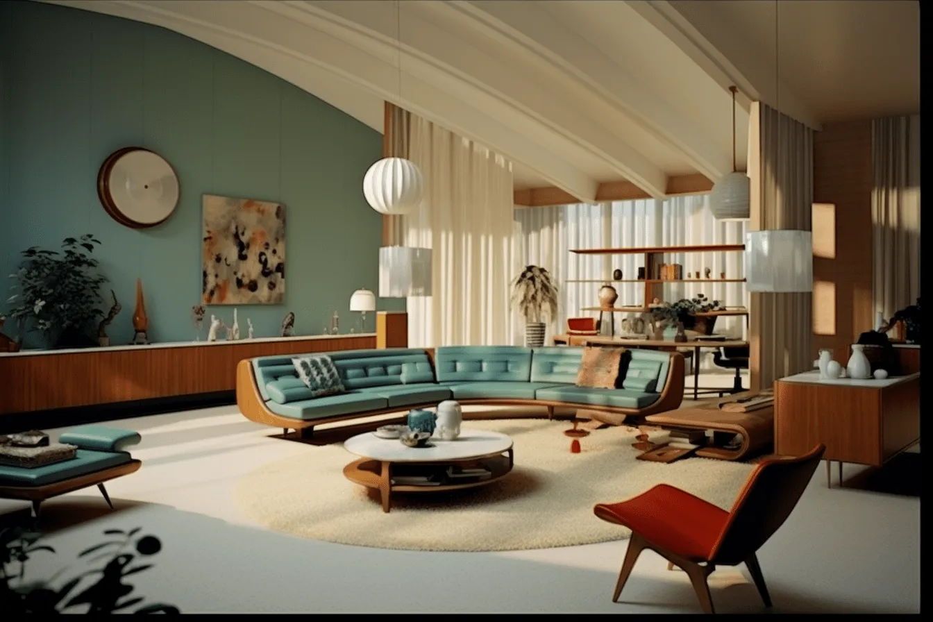 195060s living room  3d rendering, light aquamarine and dark amber, daz3d, rounded forms, blown-off-roof perspective, i can't believe how beautiful this is, dutch genre scenes, architectural