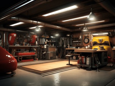 2D Automotive Garage With Interior Workbench And A Red Car