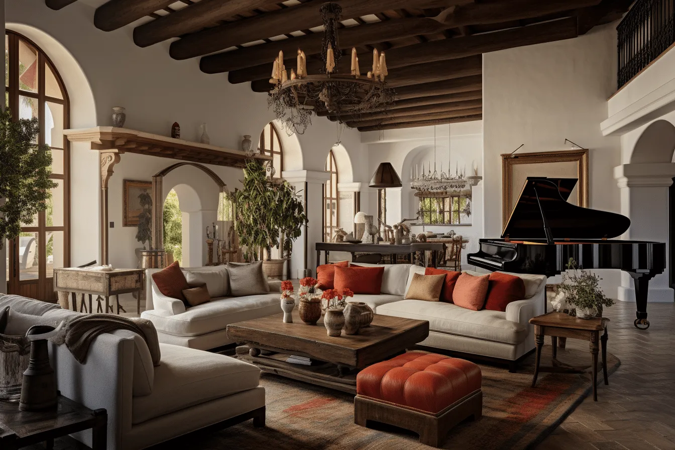 Spanish home design by dwg, cinematic elegance, rendered in unreal engine, warm tones, classic americana, mesoamerican influences, silver and orange, rich and immersive