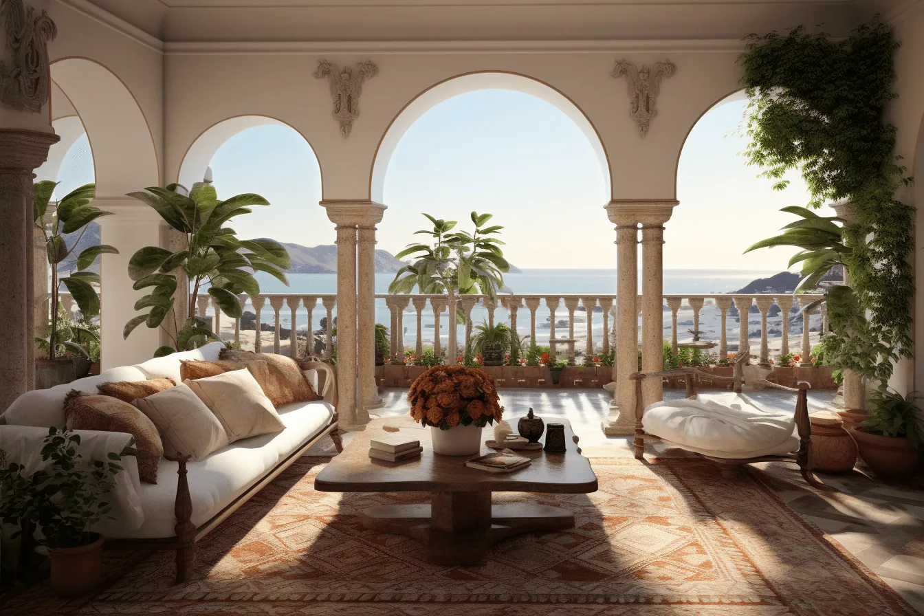 Room featuring a round table on the wall and sofa sitting on the porch, mediterranean landscapes, vray tracing, arched doorways, spanish enlightenment, coastal views, the san francisco renaissance., uhd image