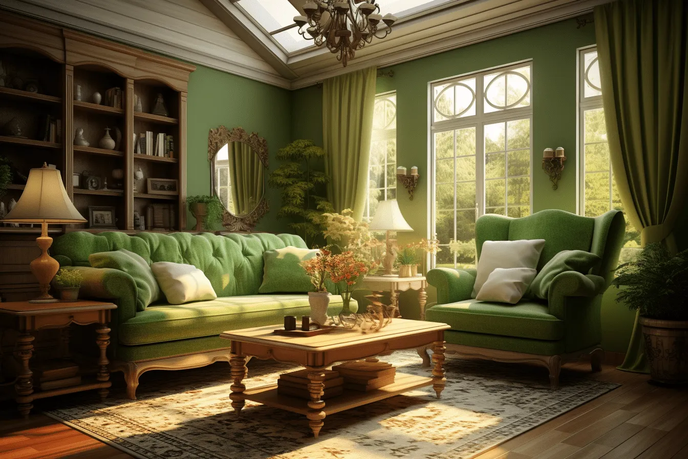 Green couch with silver and green cushions, highly detailed environments, sepia tone, 32k uhd, romantic and nostalgic themes, solarizing master, harsh lighting, cottagecore