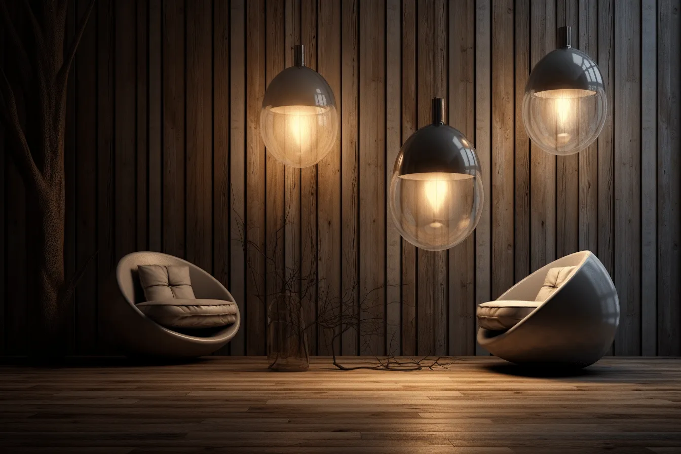 3d render interior lighting lamps in modern living room, rustic futurism, dark gray and light brown, creative commons attribution, rustic still lifes, clear edge definition, innovating techniques, monochromatic serenity