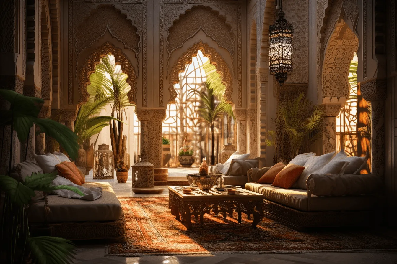 Moroccan decorating ideas living room furniture, rendered in unreal engine, golden light, realistic hyper-detailed rendering, vintage aesthetics, dreamlike architecture, orange and brown, majestic ports