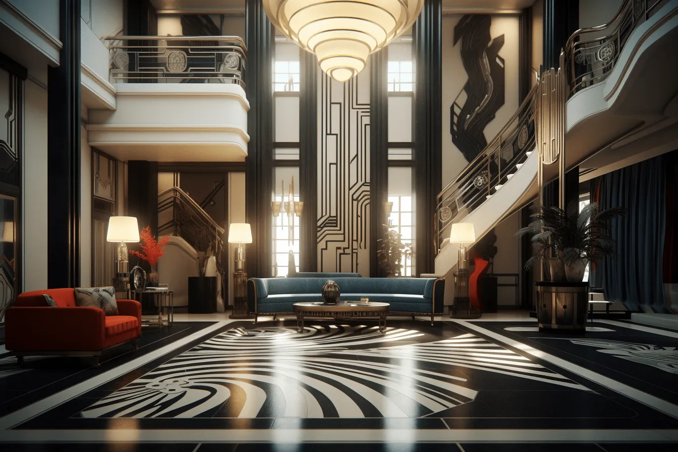Deco hotel project iv interior interiors, rendered in unreal engine, art deco geometric shapes, light black and red, art deco-inspired, 32k uhd, orient-inspired, decorative art