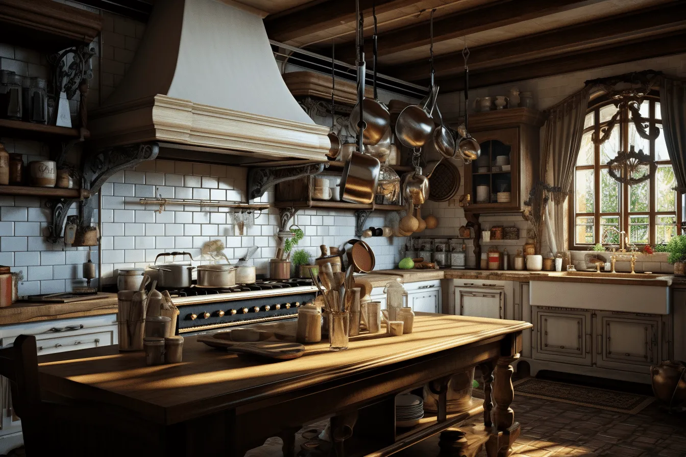 This kitchen has tons of pots and food, highly detailed environments, nostalgic romanticism, vray tracing, rustic scenes, dark white and amber, 19th century, grid-based