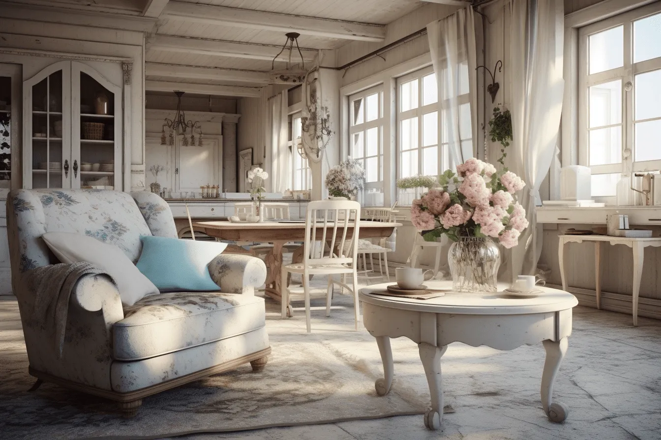 Living room has white sofas and a coffee table, romanticized nostalgia, photobashing, realistic yet romantic, primitivist elements, 32k uhd, floral accents, vintage vibe