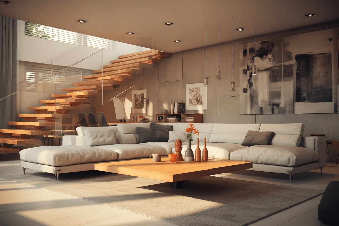 Modern living room with a picture wall, vray tracing, solarization, blown-off-roof perspective, suspended/hanging, light orange and beige, monochromatic shadows, depth of layers
