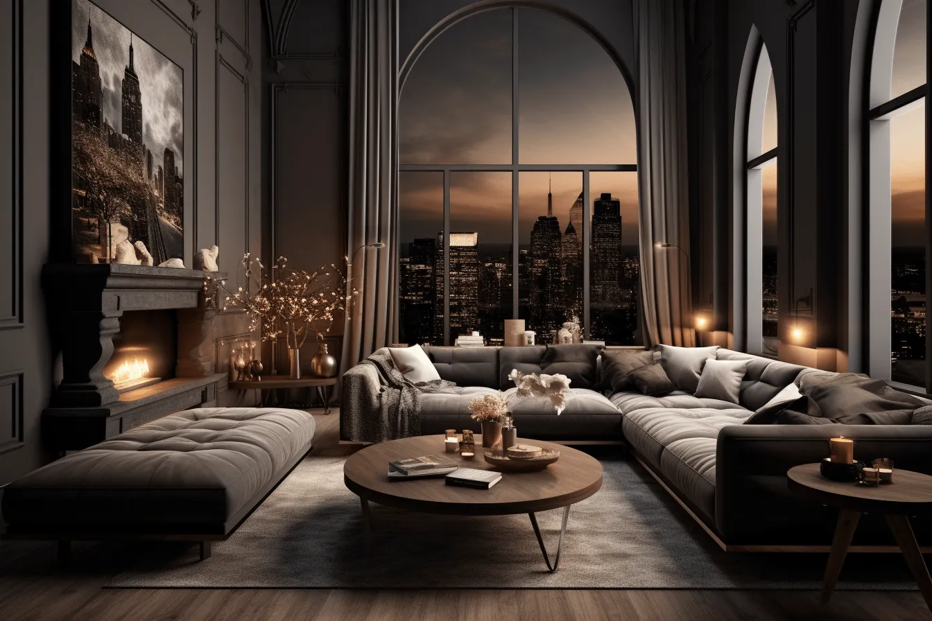 3d interior with a city view inside a black living room, renaissance-inspired chiaroscuro, soft and dreamy tones, life in new york city, curved mirrors, earthy palette, silhouette lighting, dark gray and beige