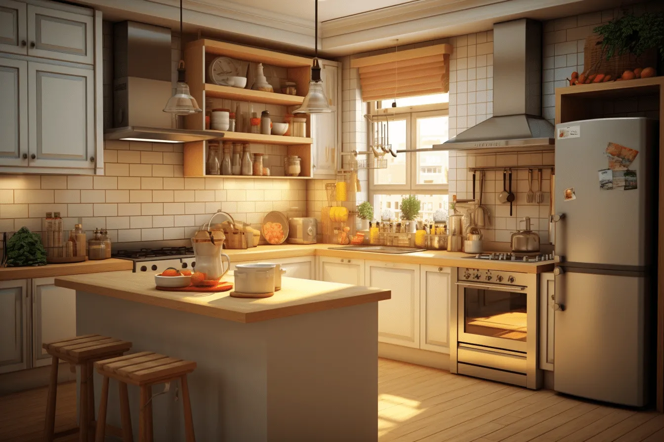 Image of a kitchen, realistic hyper-detailed rendering, soft, atmospheric lighting, 32k uhd, vignetting, suburban ennui capturer, charming vignettes, light silver and orange