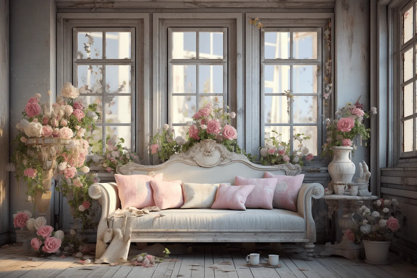 3d living room in the cottage on a wooden floor with roses, rococo pastel, distressed and weathered surfaces, vray tracing, urban fairy tale, uhd image, pictorial dreams, delicately detailed