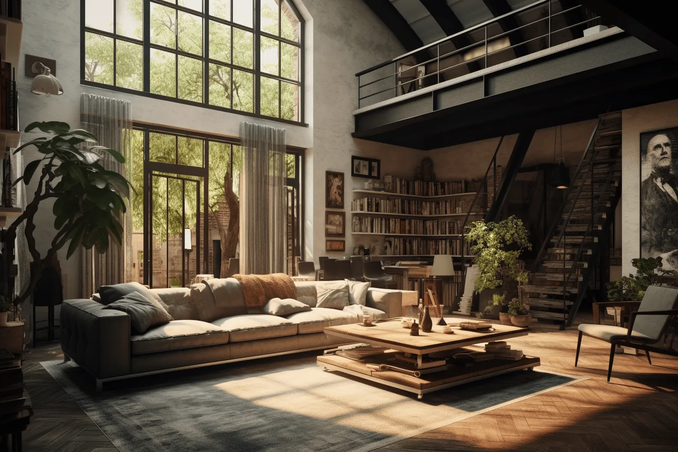 Loft living room studio 1 design for your home, serene atmospheric perspective, ray tracing, french countryside, dark bronze and beige, brutalism, highly detailed foliage, romanticized views