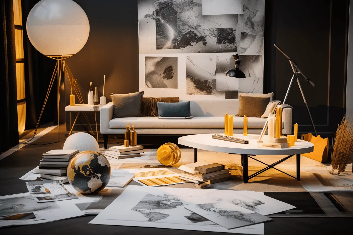 3d home room on a modern living room in an apartment, dark gold and light gold, assemblage of maps, still life studies, uhd image, dark white and dark amber, contemporary candy-coated, spherical sculptures