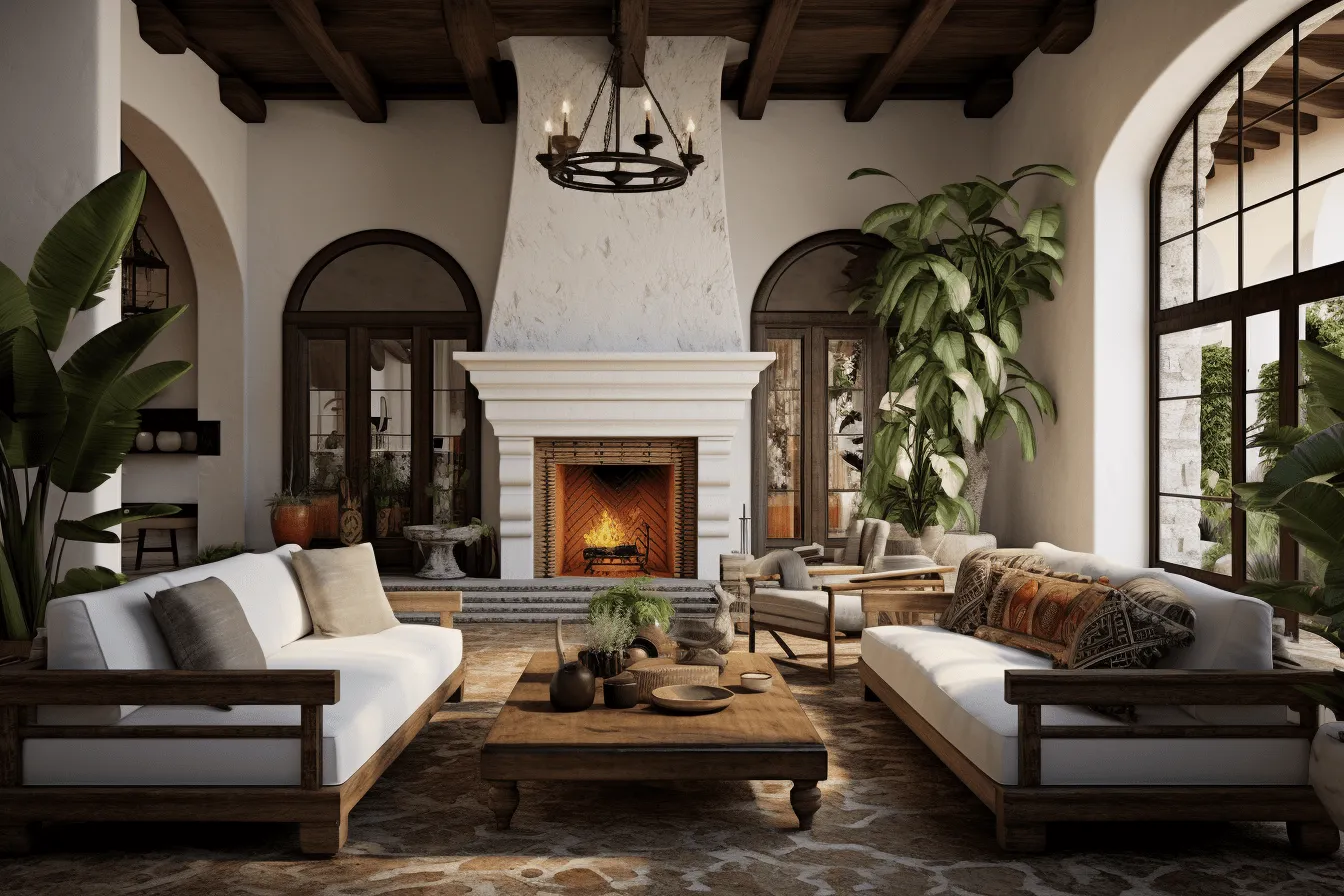 3d model of a living room that is complete with a fireplace, mediterranean-inspired, light white and dark amber, california plein air, rustic americana, exotic atmosphere, outdoor scenes, symmetrical arrangements