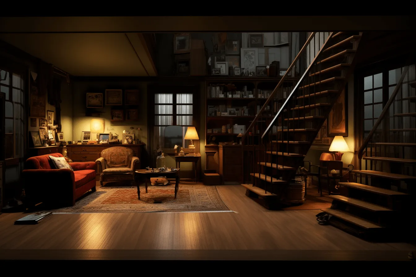 Interior of a home with stairs, animated film pioneer, photorealistic urban scenes, dark amber and brown, contrasting lights and darks, studyplace, manapunk, varying perspectives