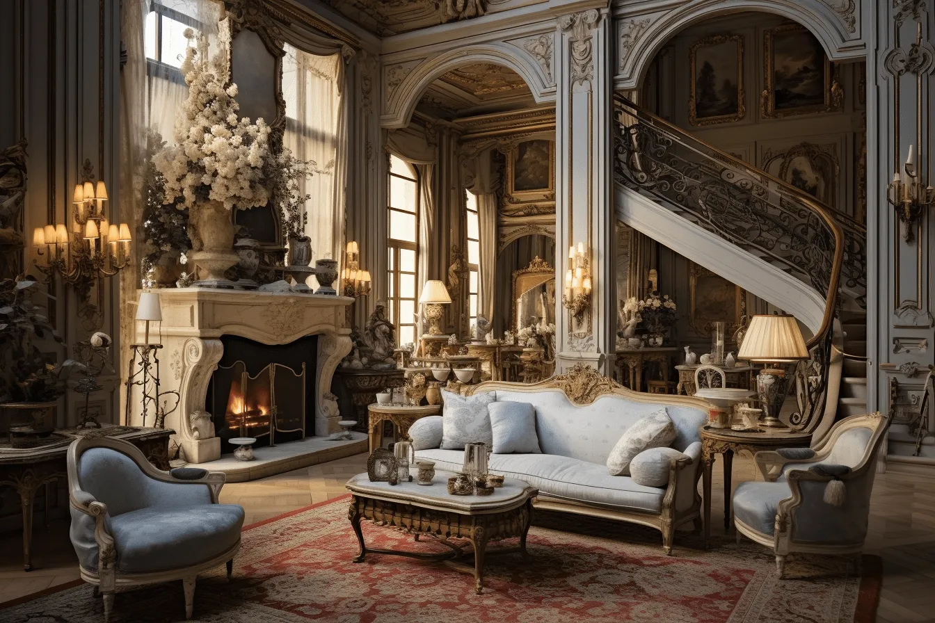 3d parisian living room ornately decorated, rendered in unreal engine, baroque-inspired drama, unreal engine 5, multi-layered narrative scenes, romantic ruins, photorealistic scenes, hyper-realistic