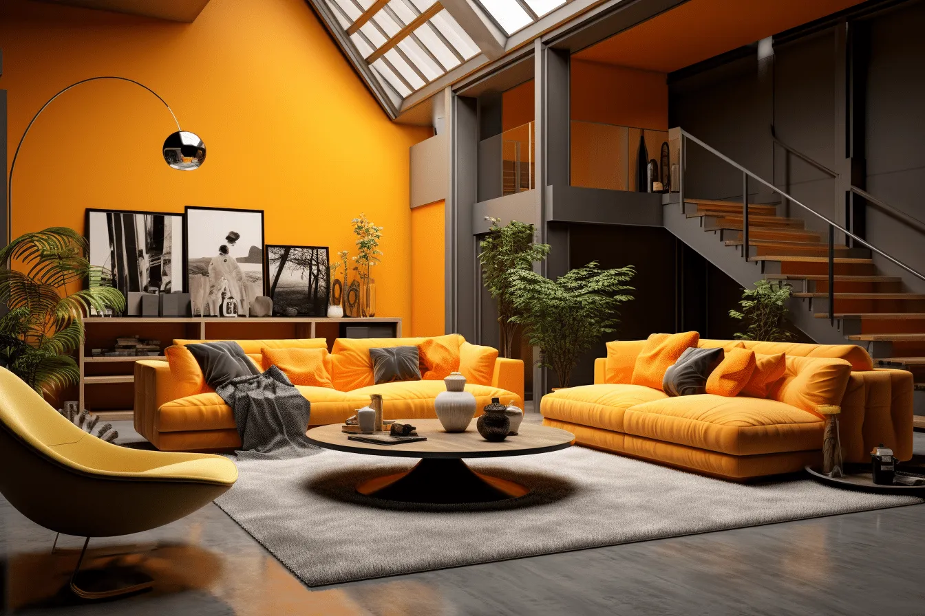 Modern apartment with orange wall colors and orange sofas at the top at home, colorized, dark silver and yellow, 8k resolution