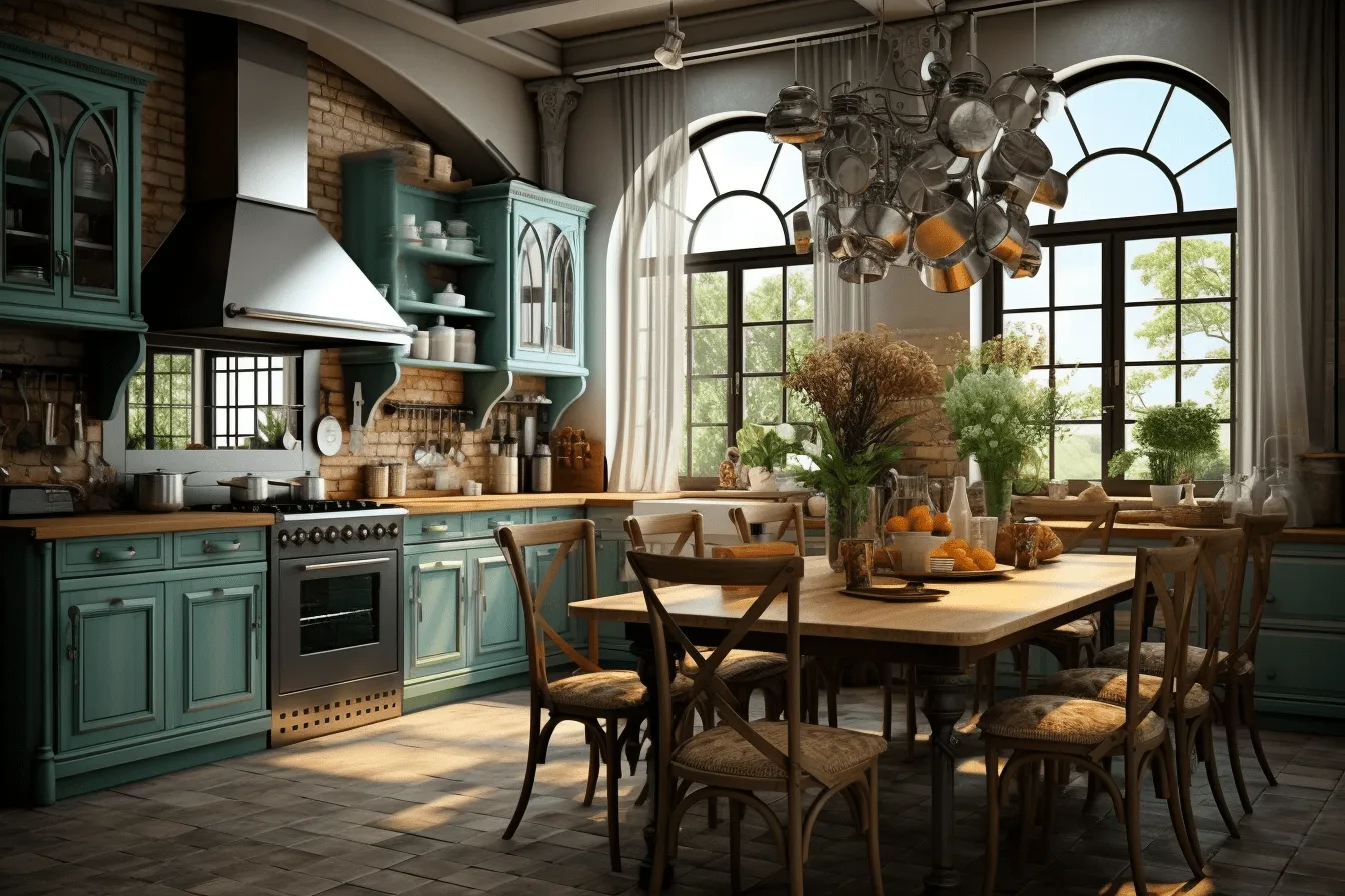 Kitchen with blue cabinets and a table in a large window, daz3d, classical style, rustic scenes, light emerald and dark amber, uhd image, eye-catching, use of common materials