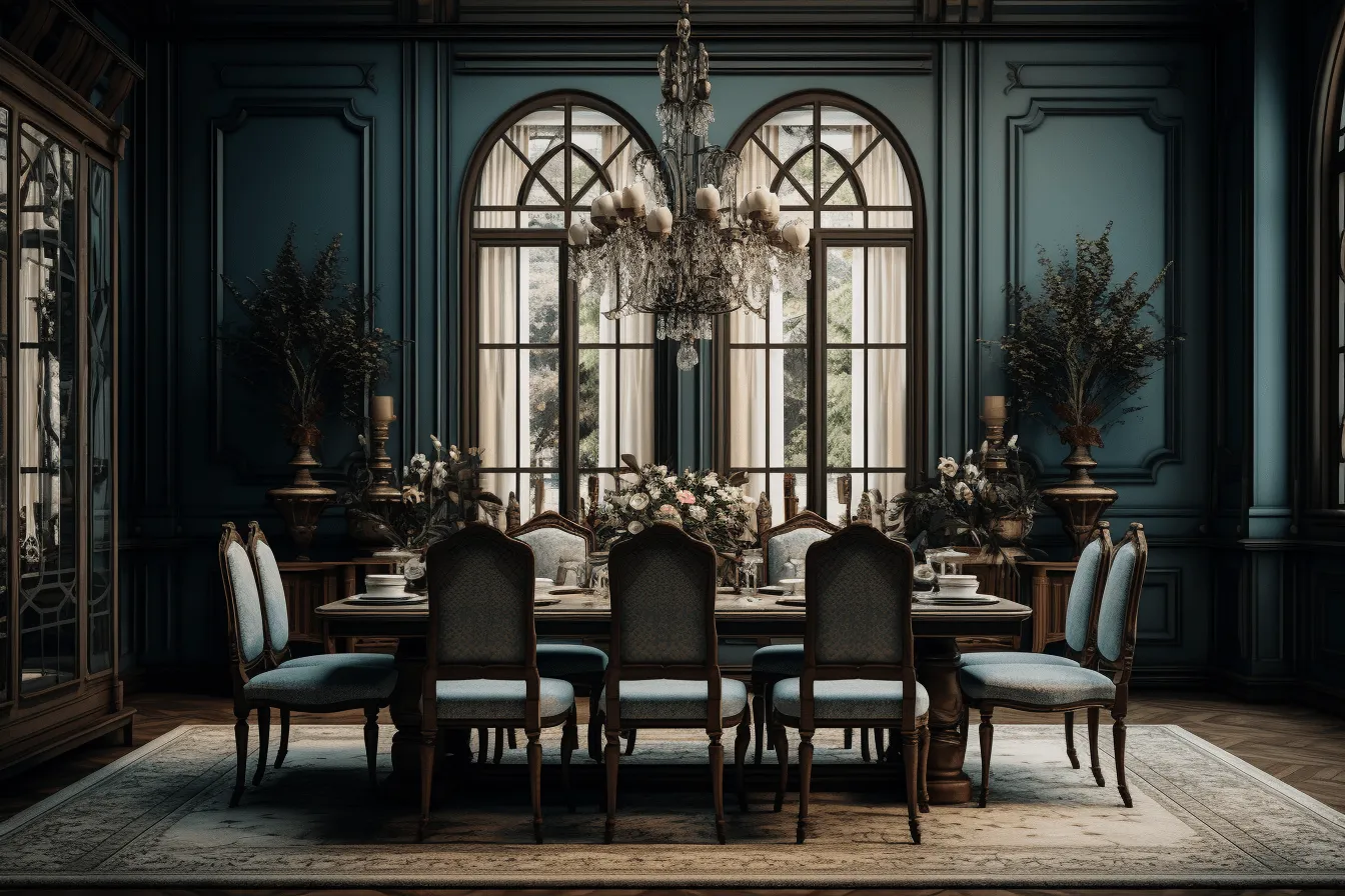Chandelierstyled dining room rendered in 3d, dark sky-blue and dark brown, arched doorways, vray tracing, uhd image, intricate floral arrangements, realistic yet stylized, moody and atmospheric