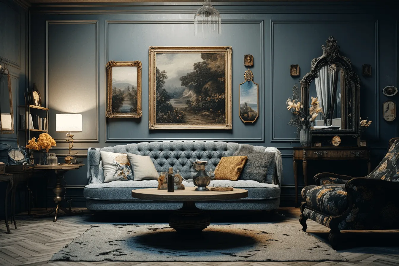 Living room with blue walls and gold accessories, old master influenced fantasy, eerily realistic, soft atmospheric scenes, historical reproductions, dark gray and sky-blue, 8k resolution, barbizon school