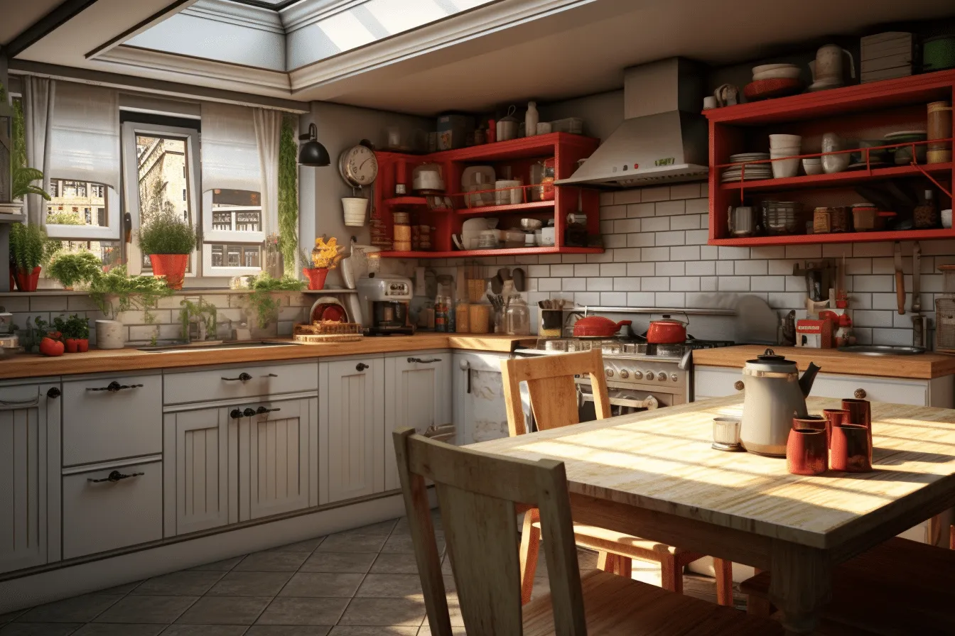 Very decorated kitchen with a table and some pots, realistic and hyper-detailed renderings, light gray and red, 32k uhd, rustic scenes, dark orange and white, solarization, victorian glasgow