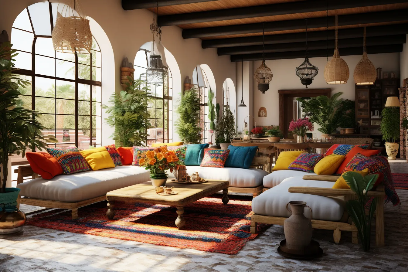 4 living room with lots of colorful fabric tones, mesoamerican influences, unreal engine 5, mediterranean-inspired, vray, late 19th century, color splash, light white and amber