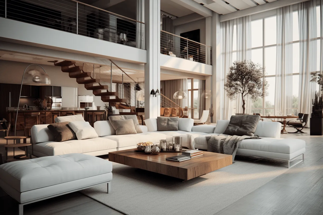 3d rendering of a contemporary living living room in a loft, multilayered, beige, tranquil serenity, exotic atmosphere, happenings, lively tableaus, atmospheric serenity