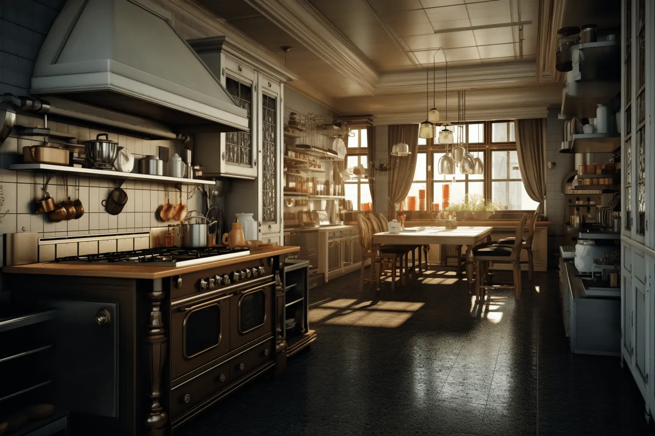Kitchen filled with antique furniture and a white oven, rendered in unreal engine, ray tracing, italian landscapes, atmospheric ambience, utilizes, realistic portrayal of light and shadow, impressive panoramas
