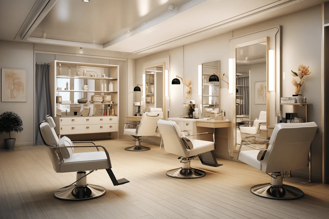 3d rendering of a hair salon, dark white and light amber, nautical charm, wealthy portraiture, white and beige, serene and peaceful ambiance, multiple styles, cabincore