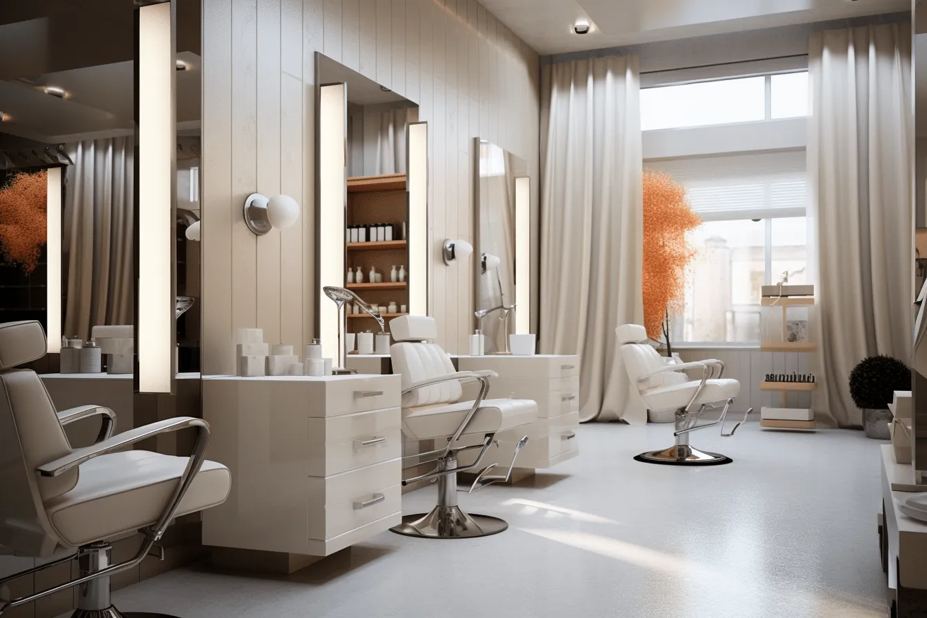Hair salon is shown in an open room, photorealistic details, white and beige, spot metering, light white and orange, lush and detailed, polished, industrial elements