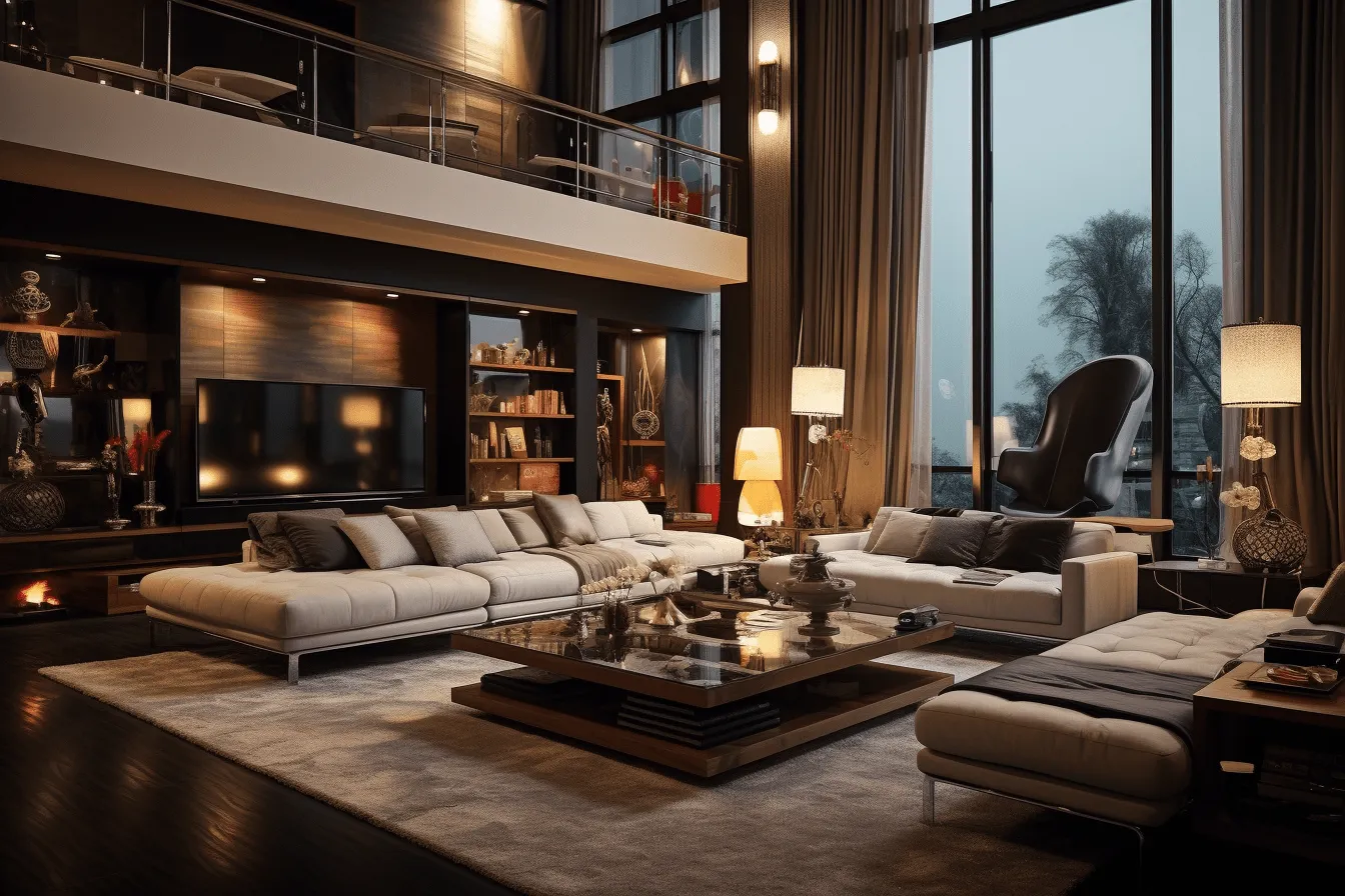 Modern living room with couches, chairs, and large windows, dark and brooding designer, ultra detailed, dark beige and dark amber, maximalism, chrome-plated, soft, atmospheric lighting, meticulous design