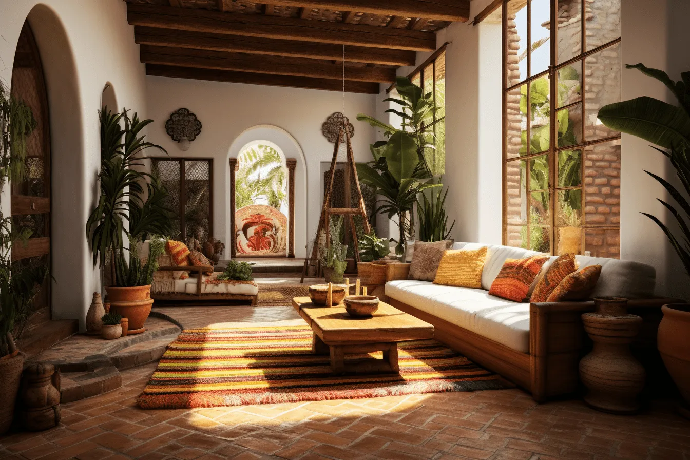 Modern living room with pots and plants, traditional mexican style, sunrays shine upon it, dark white and amber, vernacular architecture, historical influences, exotic, weathercore