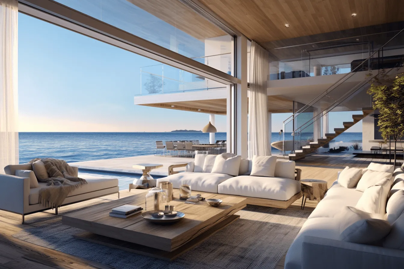 Luxury living room and deck overlooking the ocean, vray tracing, architectural illustrator, weathercore, sculpted, hyper-realistic water