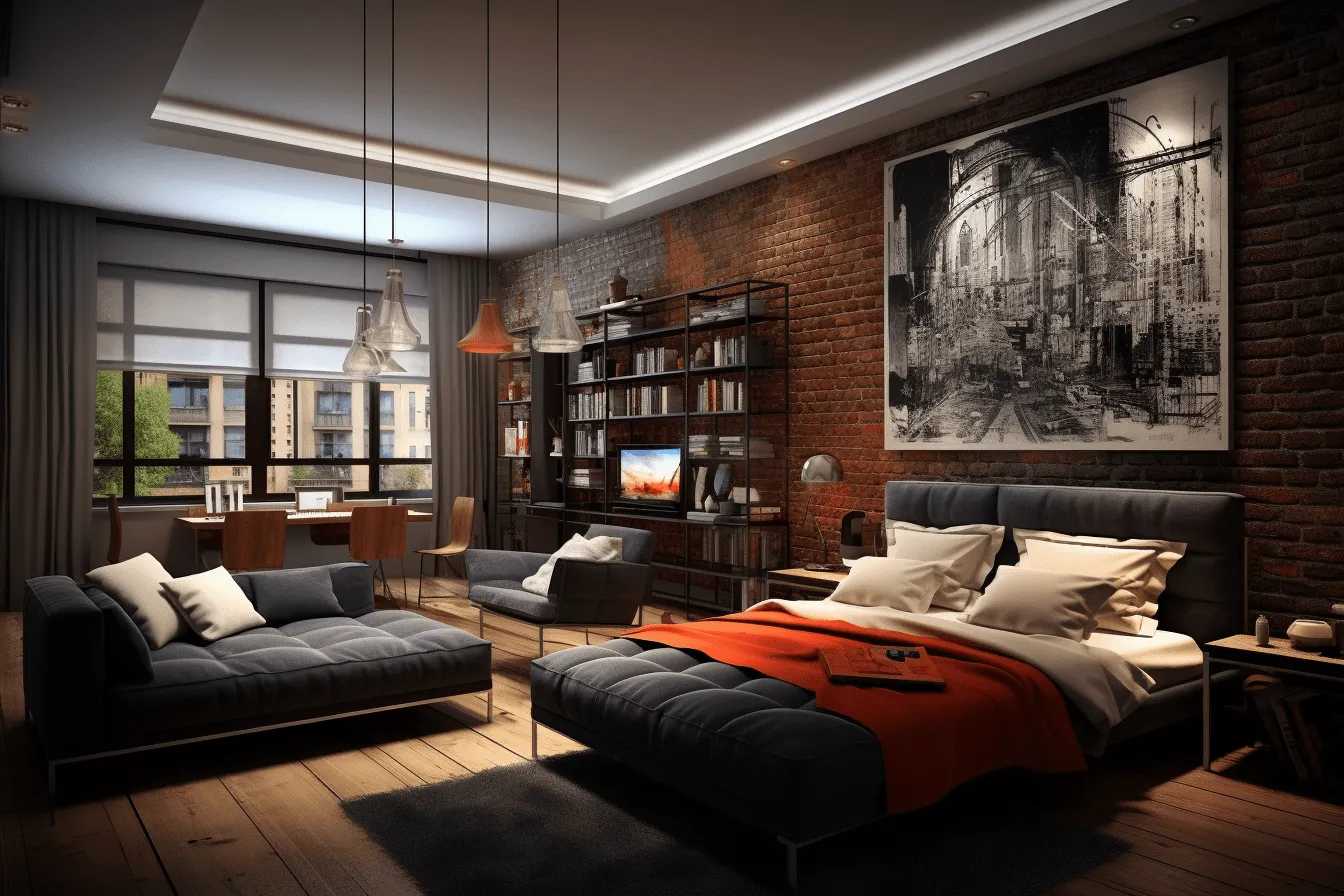 Idea for an industrial bathroom | minimalist loft bedroom ideas, dark gray and orange, photorealistic cityscapes, 32k uhd, made of wrought iron, bold patterned quilts, high detailed, sculpted