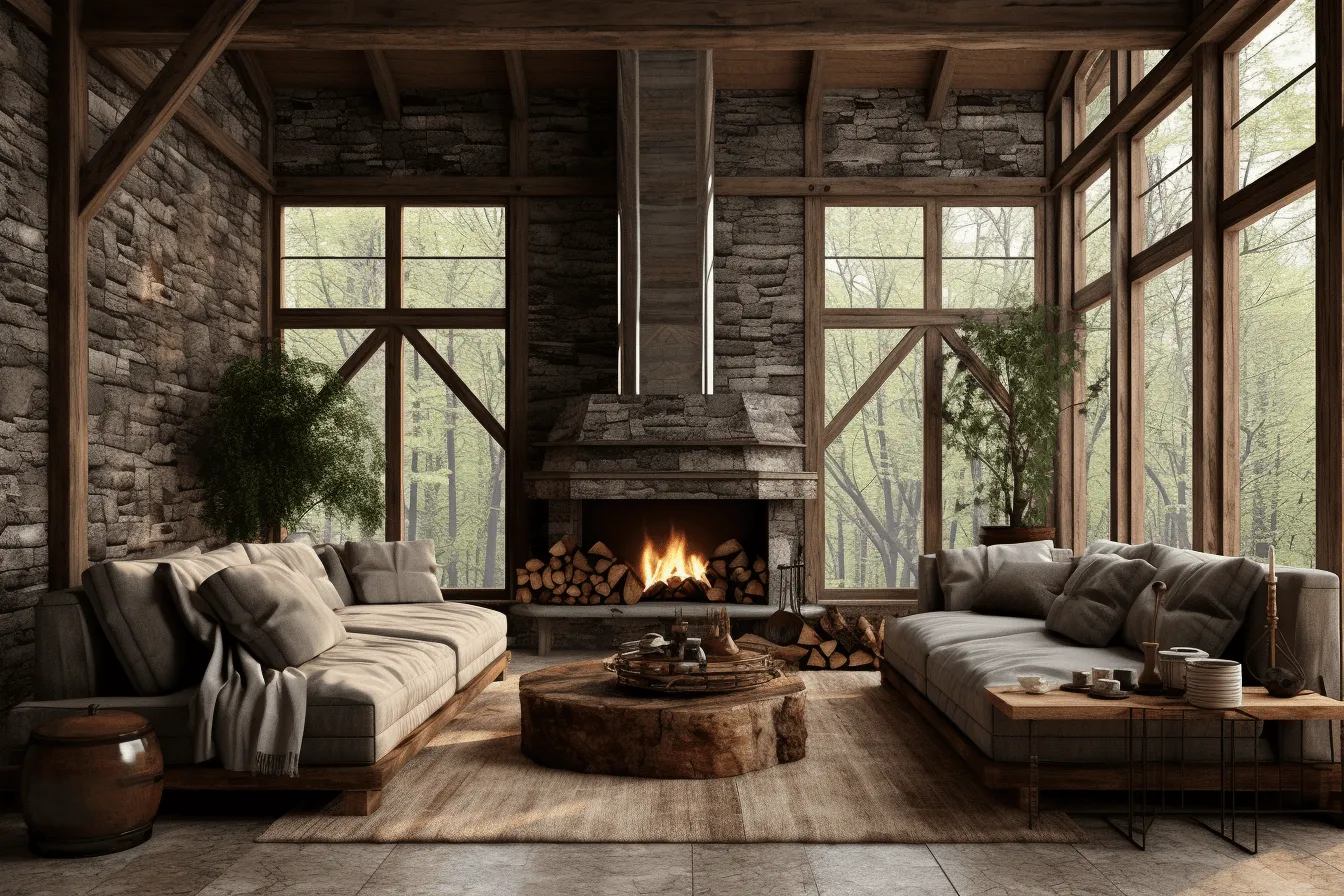 Empty living room with fire place and wall, naturalistic renderings, rustic naturalism, textural and layered, cottagecore, sustainable design, moody monotones, cabincore