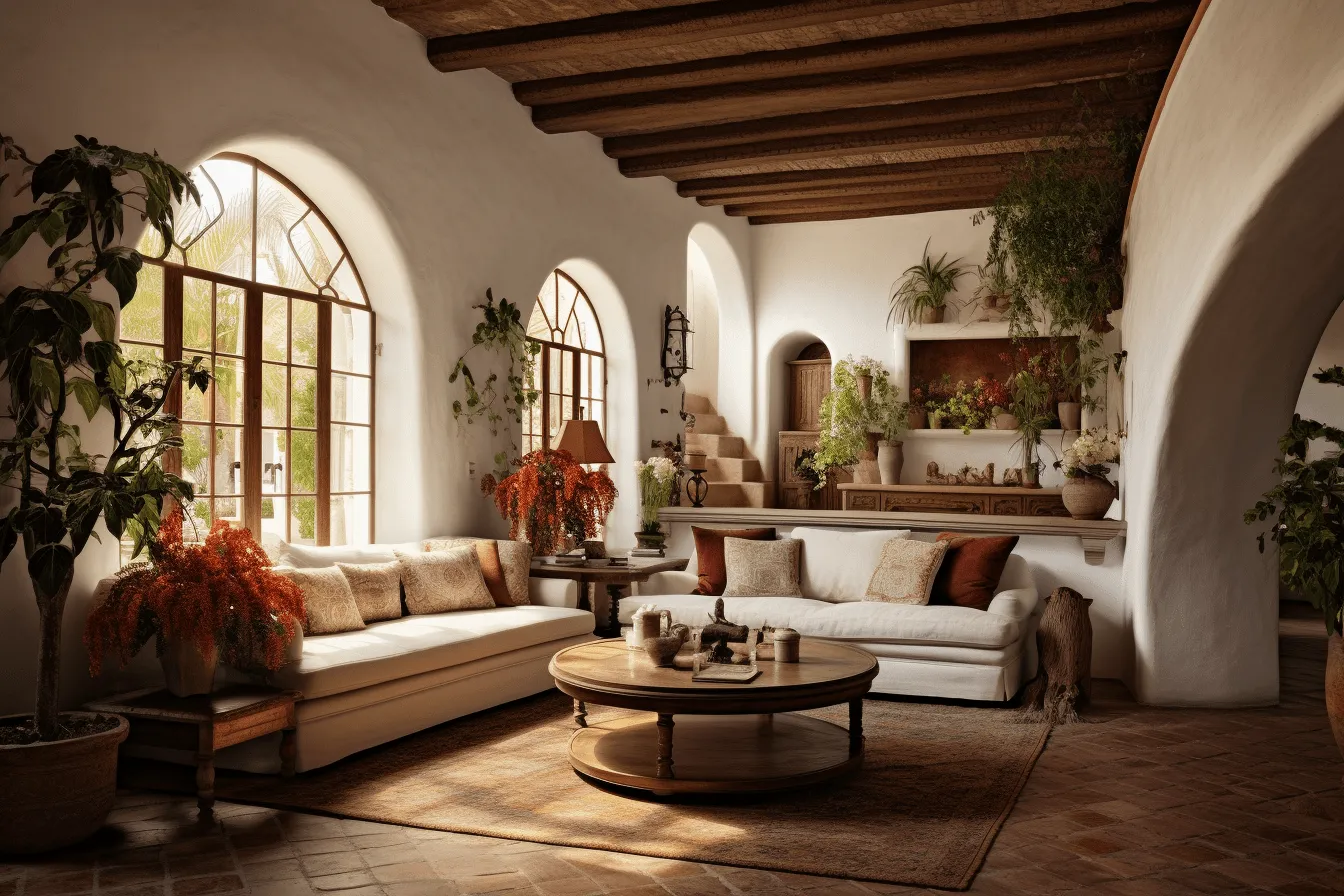 3d rendering of an attic dining room with arched windows, traditional mexican style, beige and amber, atmospheric ambience, living materials, mediterranean landscapes, white and orange, richly layered