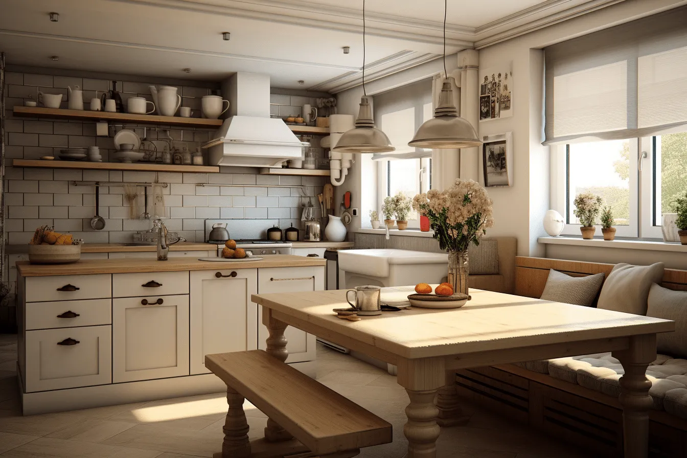 Kitchen table and chairs, soft edges and atmospheric effects, rendered in unreal engine, vignettes of paris, beige, use of traditional techniques, 32k uhd, traditional color scheme