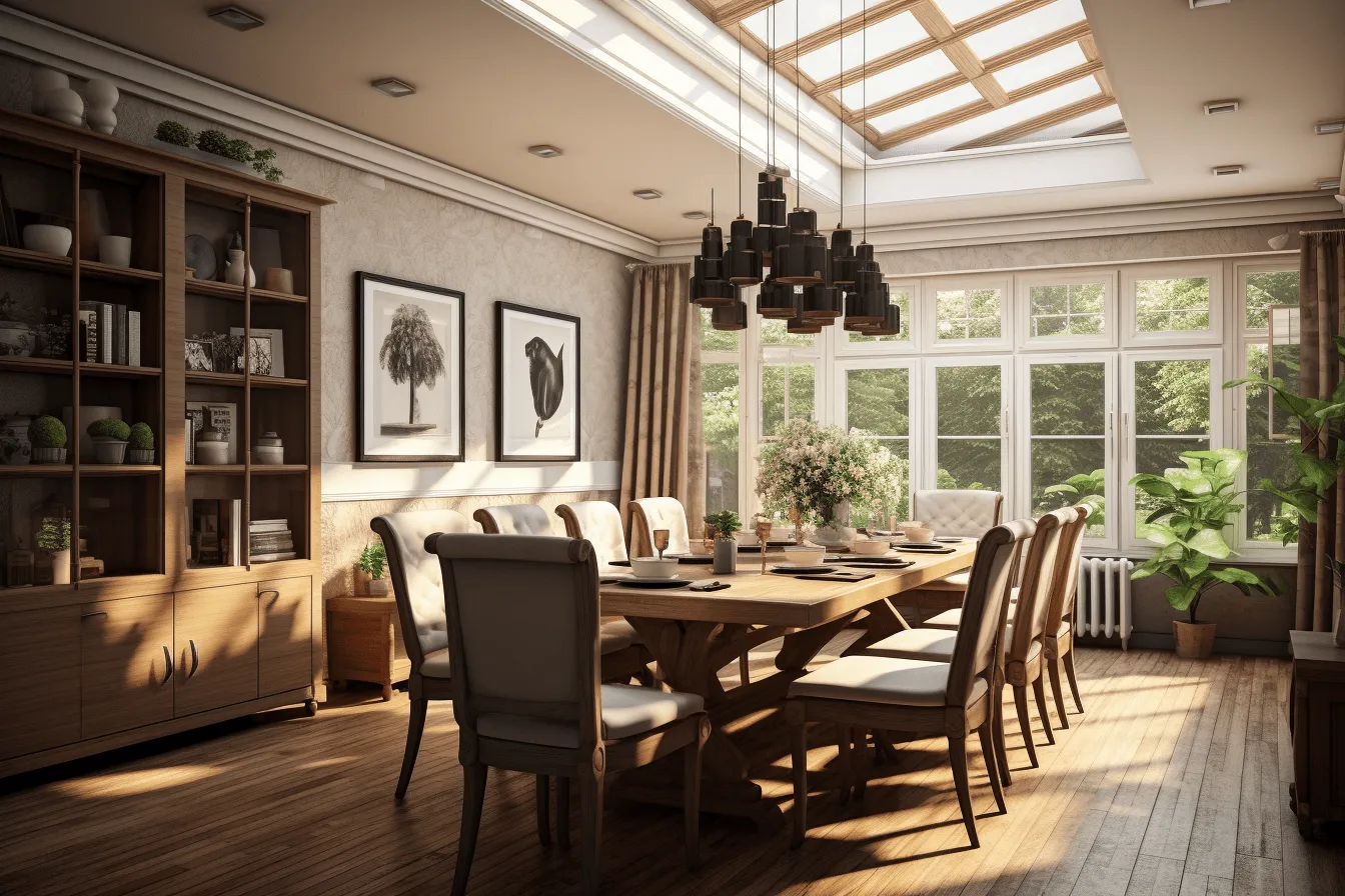 Dining room is light colored, vray tracing, english countryside scenes, contrasting lights and darks, 32k uhd, backlight
