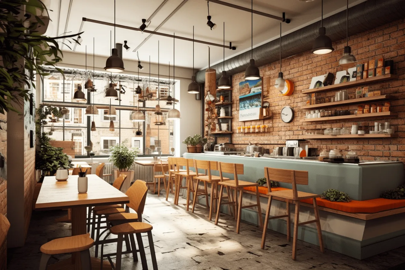 Bar and cafe scene in 3d with large tables, vray tracing, mediterranean-inspired, industrial angles, airy and light, cyan and brown, uhd image, light brown and orange