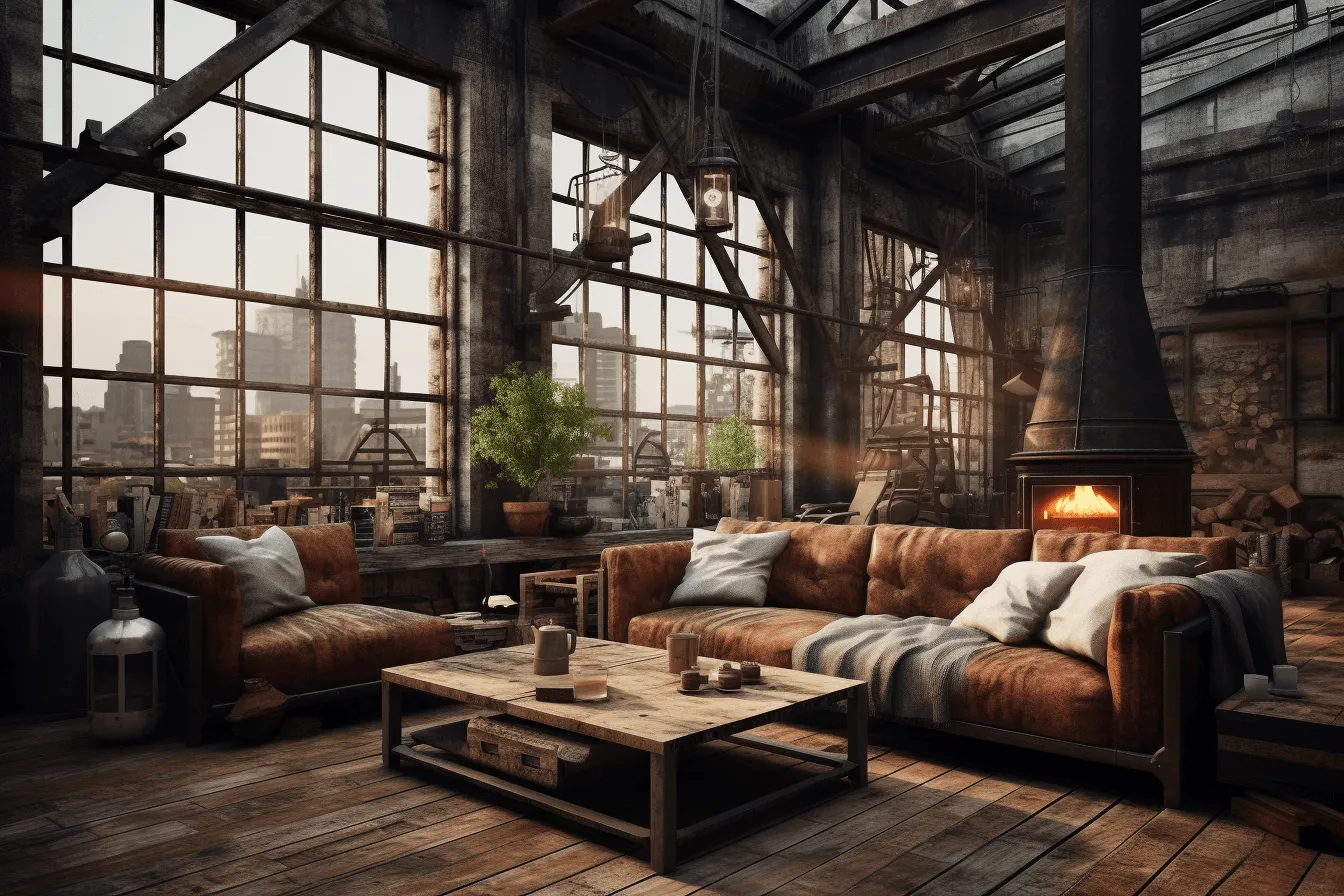 Living room in a loft with large windows, post-apocalyptic themes, 32k uhd, warm tones, industrial feel, cabincore, detailed marine views