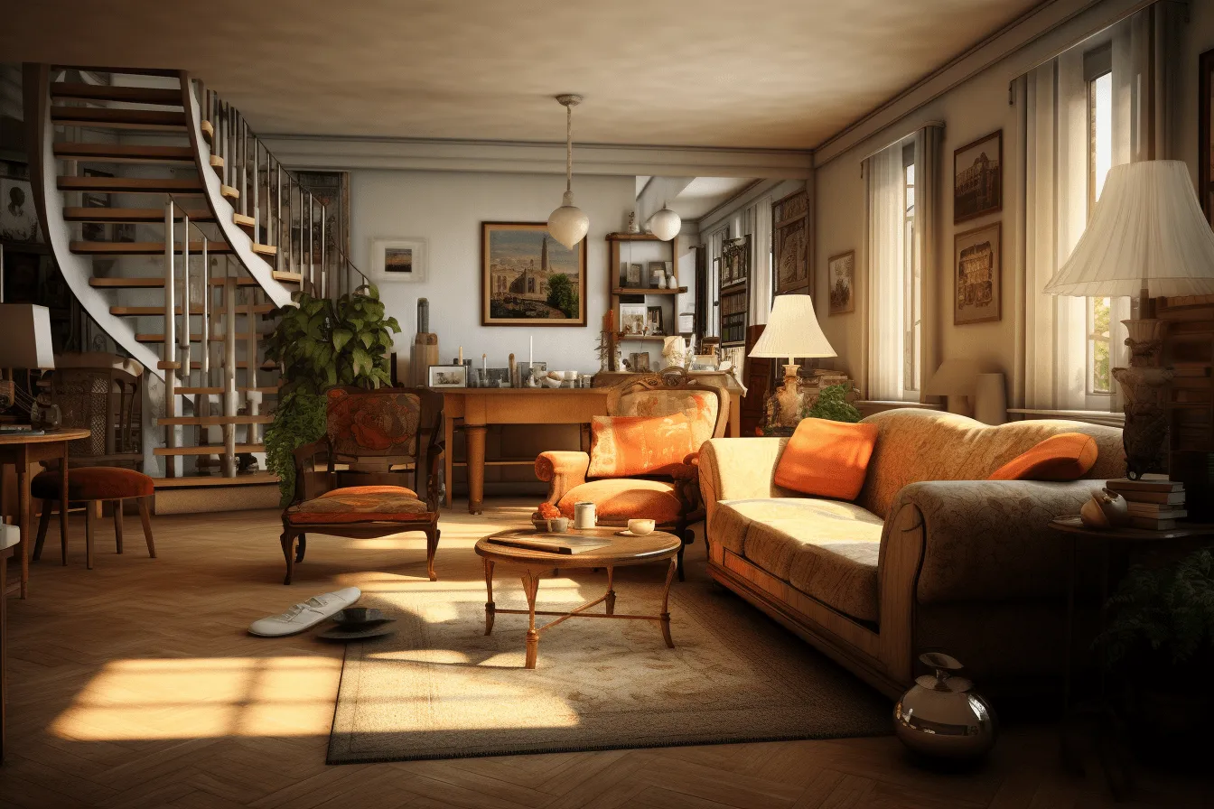 Large couch, realistic portrayal of light and shadow, rendered in unreal engine, nostalgic rural life depictions, light orange and light amber, timeless elegance, swiss style, sunrays shine upon it