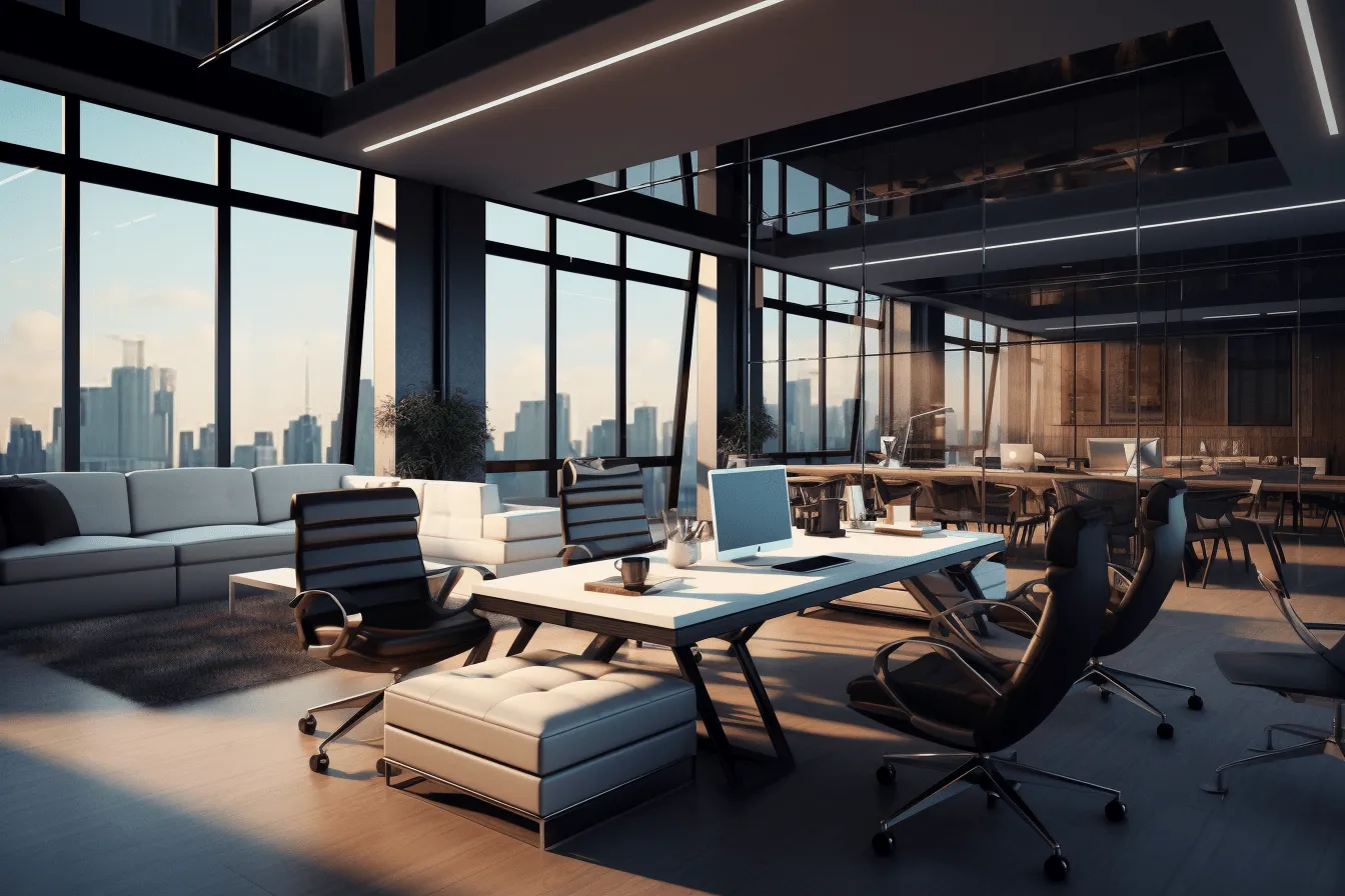 Office space with large windows and large furniture, atmospheric environments, ultra realistic, contrasting lights and darks, weathercore, cabincore, futurist claims, luxurious