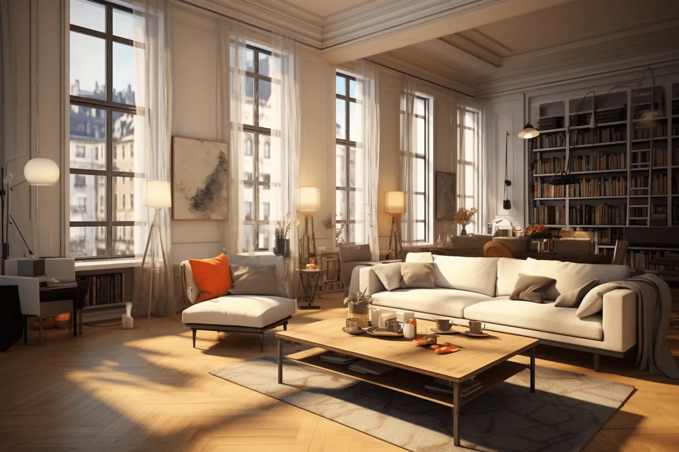 3d rendering of an open living room, vignettes of paris, unreal engine 5, orange and amber, realistic and hyper-detailed renderings, paris school, rich and immersive, light and airy