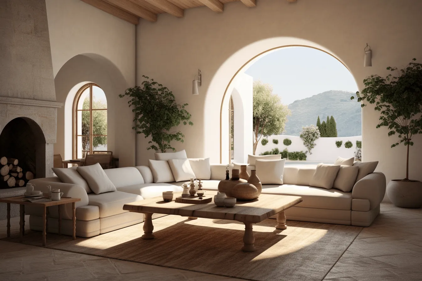 Living room with a sofa, table and chairs, mediterranean landscapes, vray tracing, arched doorways, outdoor scenes, minimalist purity, warm tones, mountainous vistas