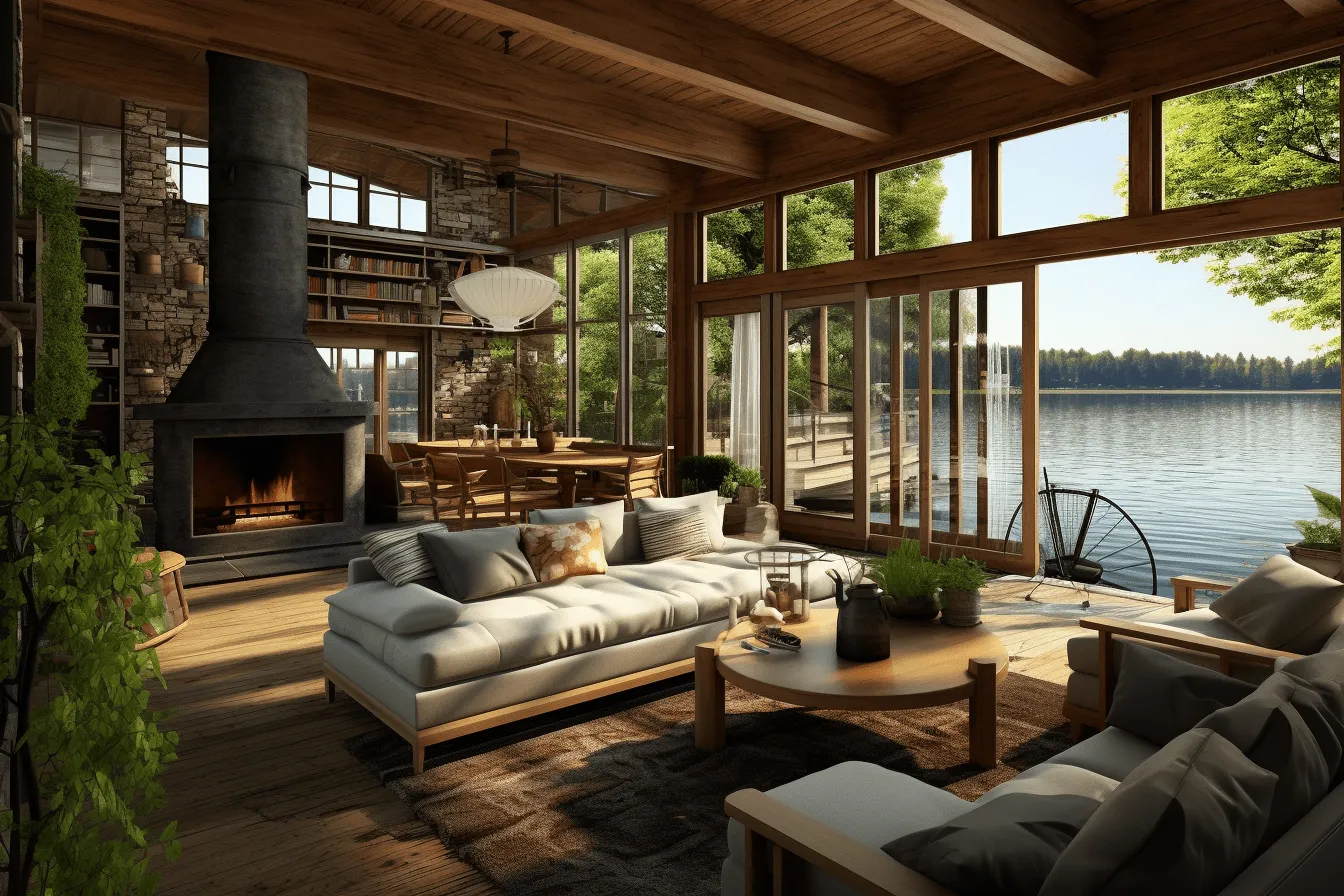 3d rendering of an open living room with lake views, rustic scenes, rendered in maya, the vancouver school, ray tracing, outdoor scenes, multilayered, leica cl