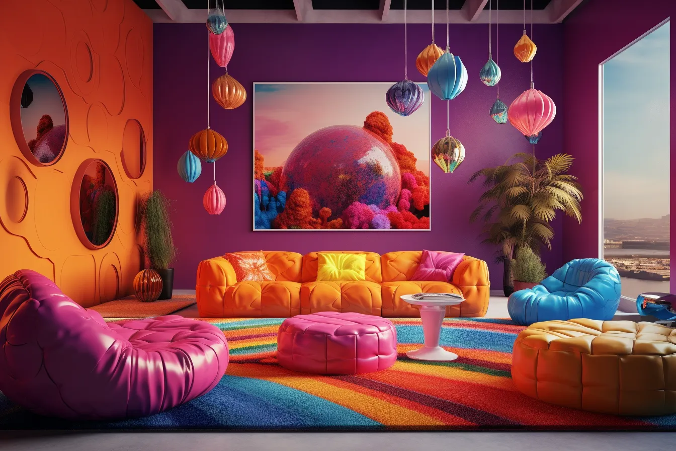 Luminous living room with colorful pillows and a large painting, futuristic psychedelia, retro futuristic, , purple and orange, carpetpunk, playful whimsy, nature-inspired