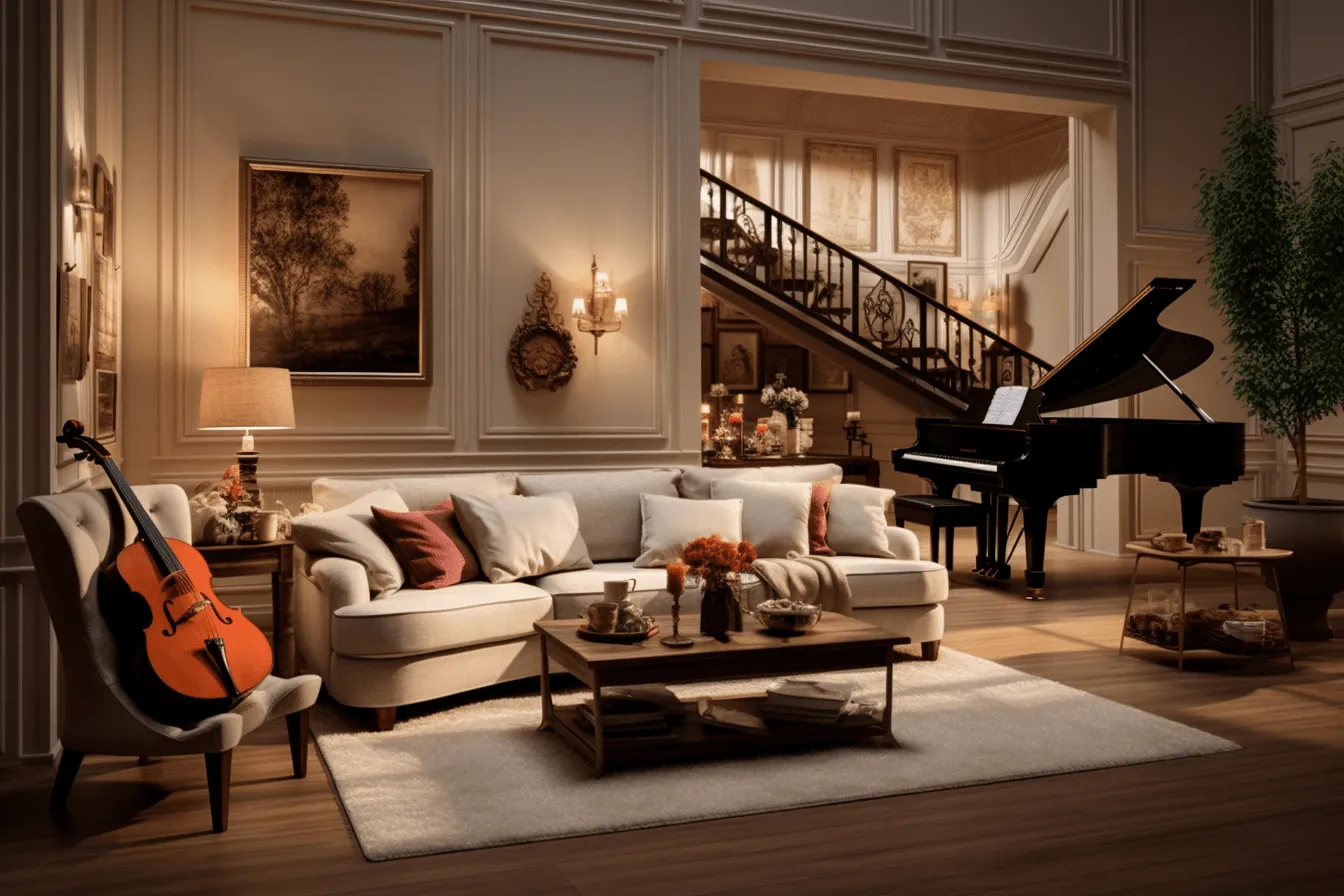 Living room with furniture and an apartment piano in the background, unreal engine 5, neoclassical scenes, warm tones, uhd image, soft, romantic scenes, dark orange and beige, eerily realistic