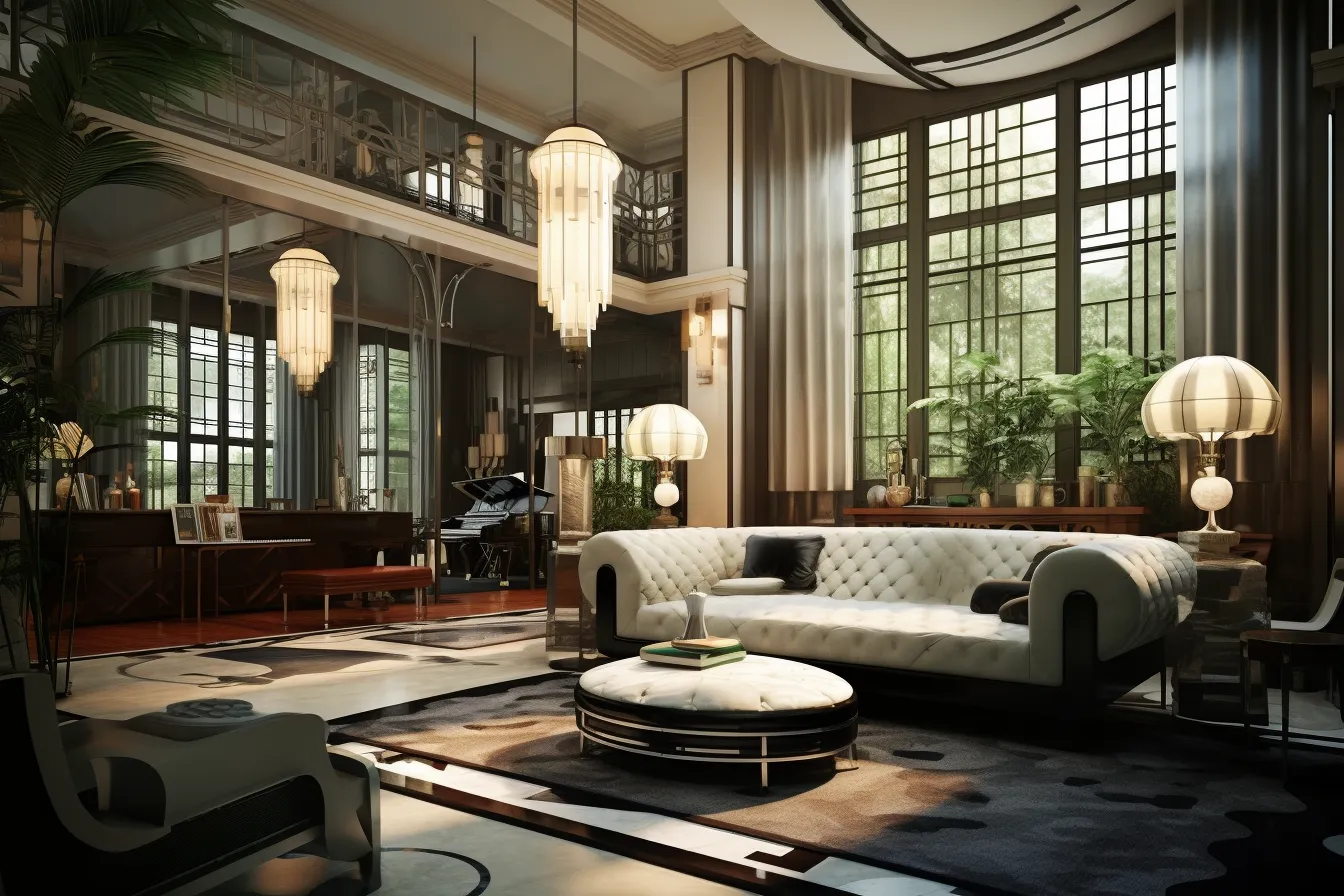 Antique art deco lounge room, rendered in unreal engine, elegant cityscapes, dark white and beige, new leipzig school, realistic and hyper-detailed renderings, unreal engine 5, orient-inspired