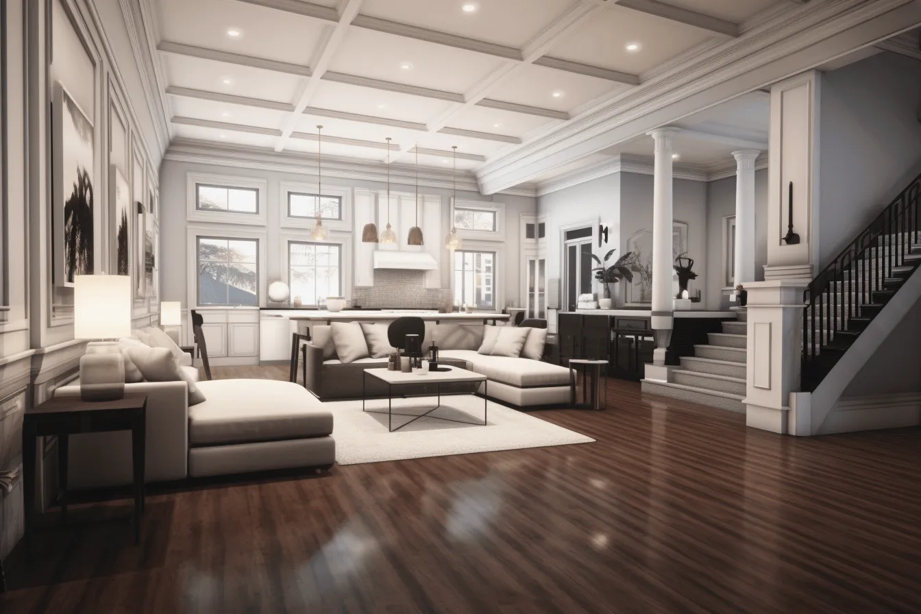 3d rendering of modern living room with white walls, italianate flair, dark white and light silver, timber frame construction, realistic and hyper-detailed renderings, 32k uhd, fine and detailed, wet-on-wet blending
