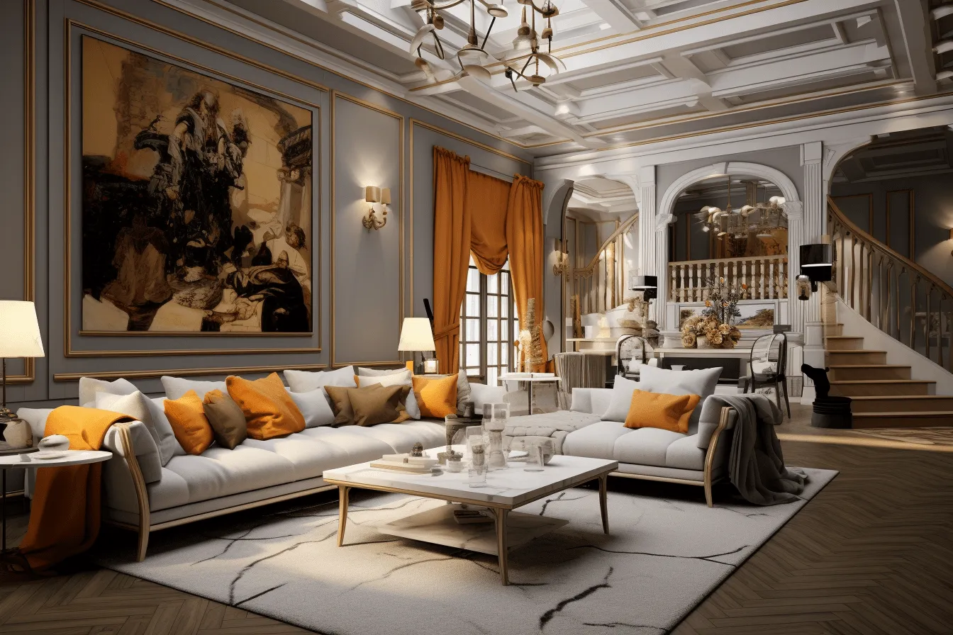 3d rendering of living room with white sofa, grey wall, and orange sofa with a painting, neoclassical influence, baroque-inspired lighting, vray tracing, orientalist imagery, richly layered, nostalgic charm, yellow and beige