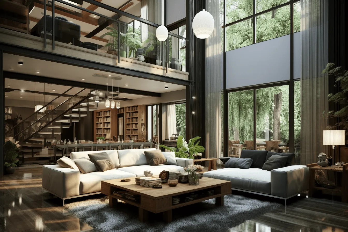 2d interior design  modern living room, nature-inspired imagery, ray tracing, secluded settings, american barbizon school, contemporary glass, atmospheric and moody lighting, japanese contemporary